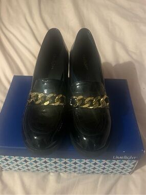 Limelight Black Patent Loafers with Gold Chain Accent
